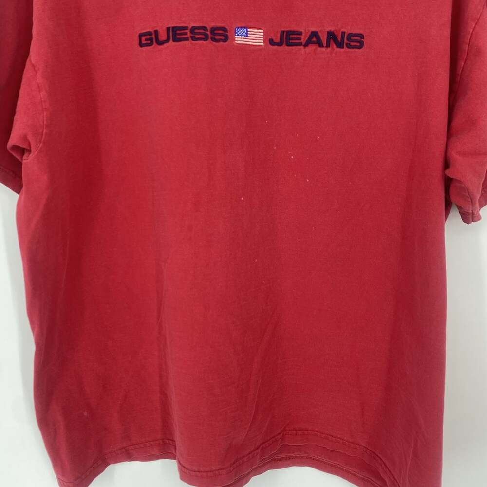 Vintage 90's Y2K Guess Jeans Embroidered Flag Red Tee Made USA Cotton Size XL - Picture 3 of 8